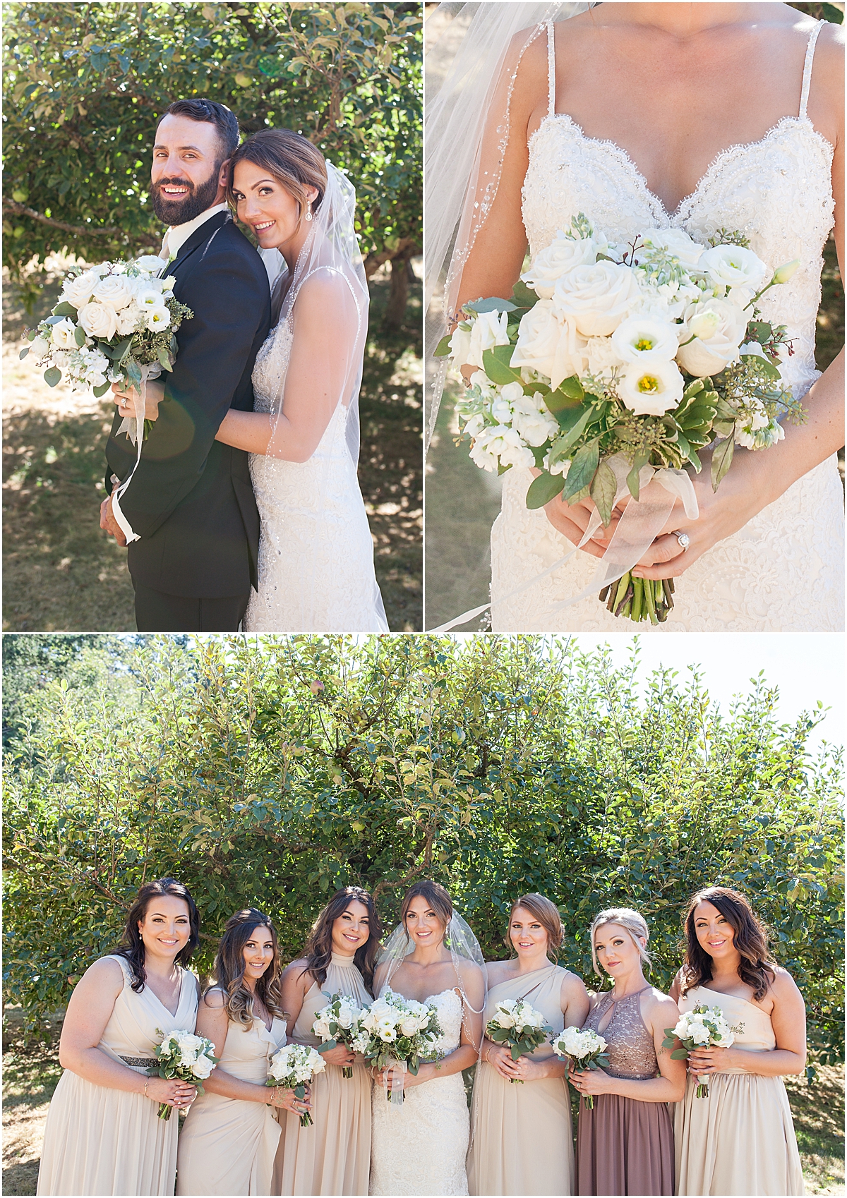 bride and groom, bridal bouquet and bridesmaids